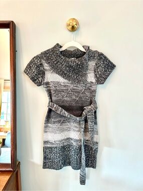 Y2K Cherry Stix Girls Sweater Dress Small Gray Ombre Belted Cowl Neck Knit